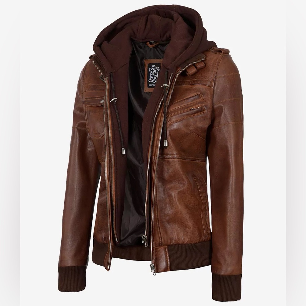 Women's Bomber Cognac Brown Leather Jacket with Removeable Hood